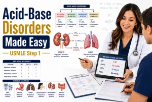 Acid-base disorders USMLE Step 1 featured image showing ABG values, kidneys, lungs, and metabolic and respiratory acid-base pathways.