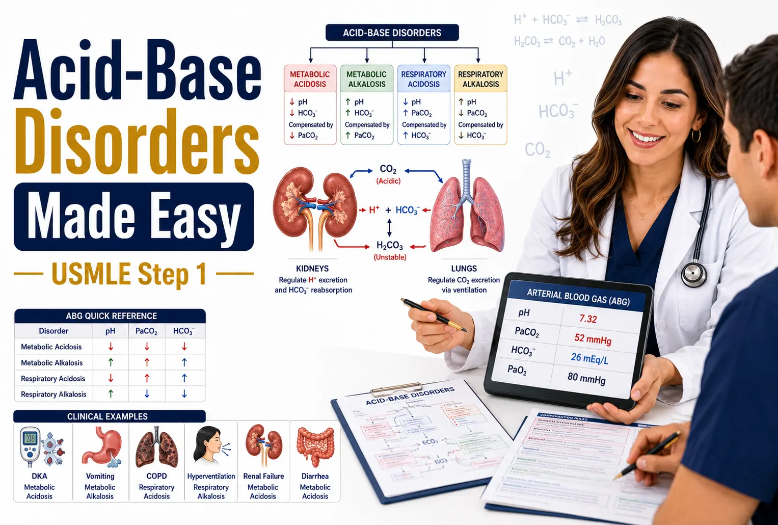 Acid-base disorders USMLE Step 1 featured image showing ABG values, kidneys, lungs, and metabolic and respiratory acid-base pathways.