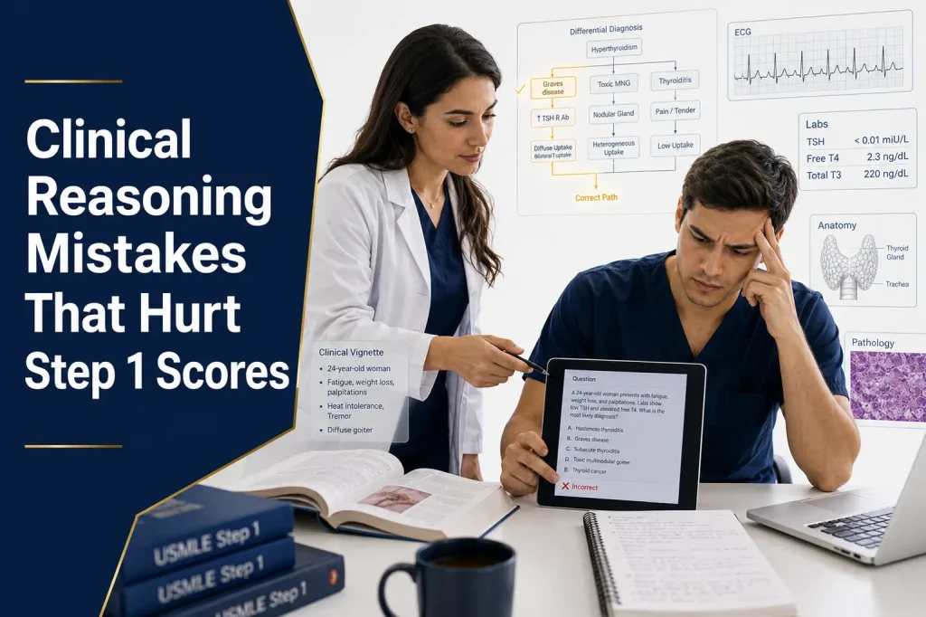 Medical student learning clinical reasoning with physician mentor to improve USMLE Step 1 diagnostic thinking and avoid common reasoning mistakes