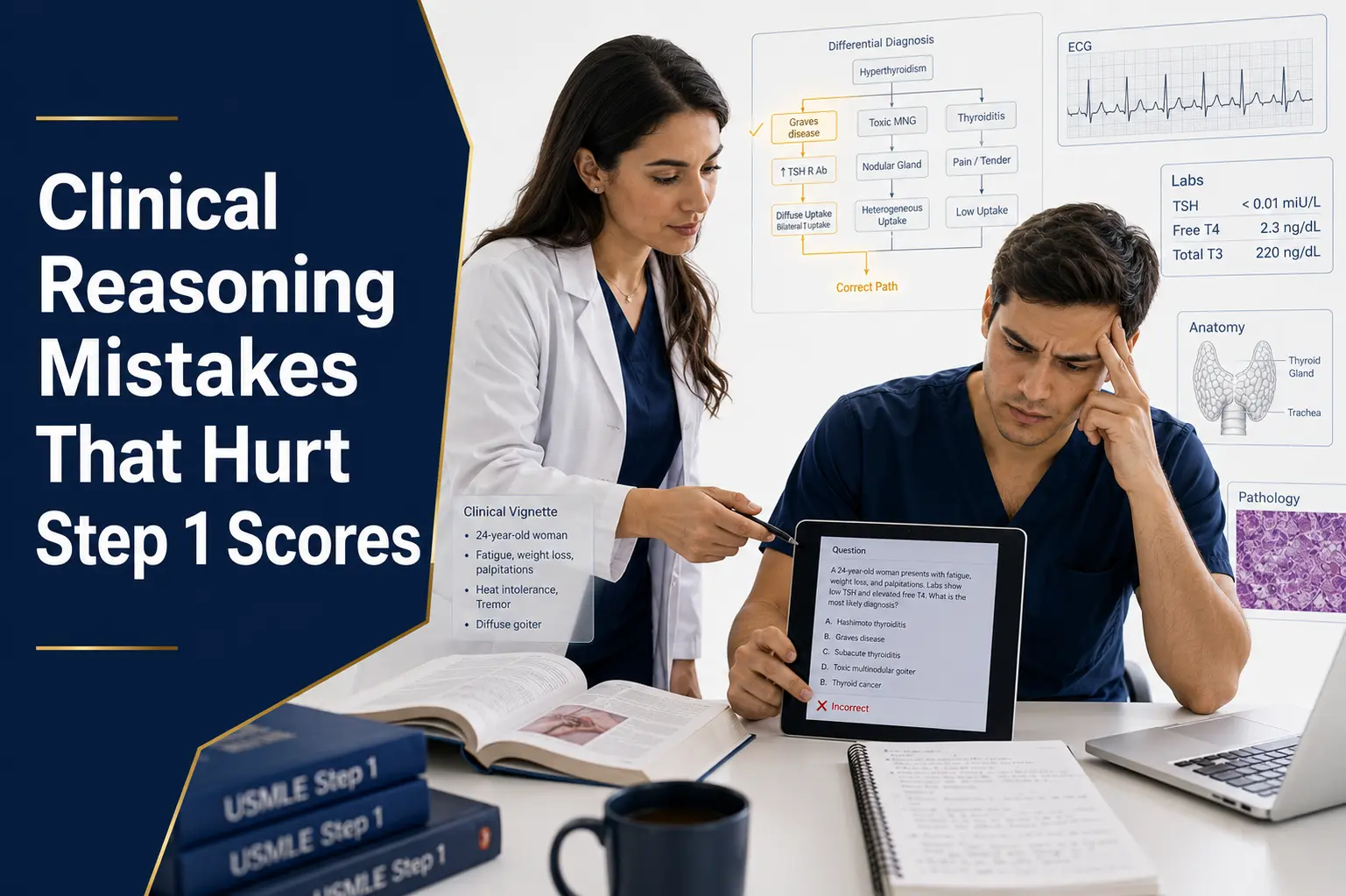 Medical student learning clinical reasoning with physician mentor to improve USMLE Step 1 diagnostic thinking and avoid common reasoning mistakes