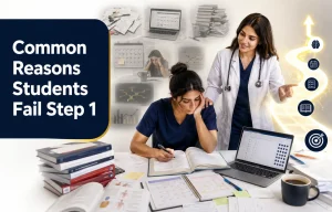 Medical student struggling with USMLE Step 1 study while a physician mentor provides guidance on effective study strategies and clinical reasoning.