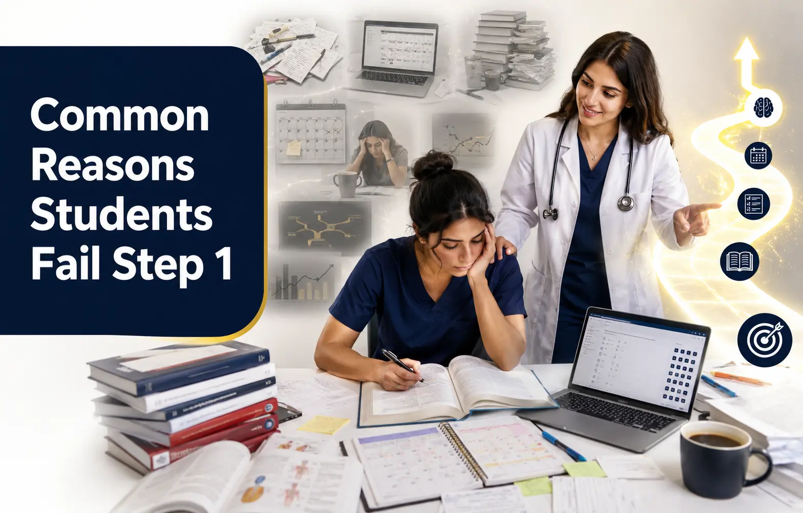 Medical student struggling with USMLE Step 1 study while a physician mentor provides guidance on effective study strategies and clinical reasoning.