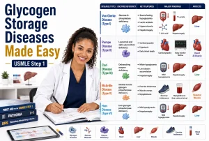 Glycogen Storage Diseases Made Easy for USMLE Step 1 showing Von Gierke, Pompe, Cori, McArdle, and Hers disease with enzyme defects and classic findings.