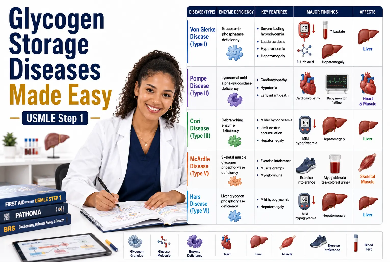 Glycogen Storage Diseases Made Easy for USMLE Step 1 showing Von Gierke, Pompe, Cori, McArdle, and Hers disease with enzyme defects and classic findings.