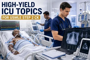 High-Yield ICU Topics for USMLE Step 2 CK featuring a critically ill patient receiving mechanical ventilation and intensive care monitoring