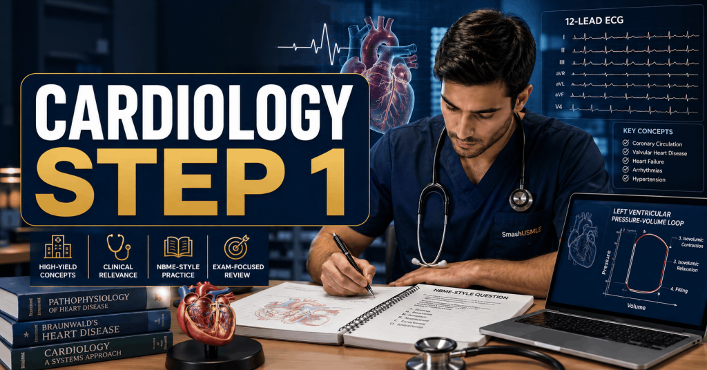 Highest Yield Cardiology Topics for USMLE Step 1 with ECG and heart anatomy overlay