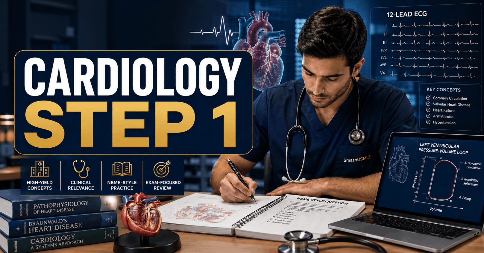 Highest Yield Cardiology Topics for USMLE Step 1 with ECG and heart anatomy overlay
