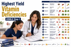 Highest Yield Vitamin Deficiencies for USMLE Step 1 showing major fat soluble and water soluble vitamin deficiency disorders with clinical associations.