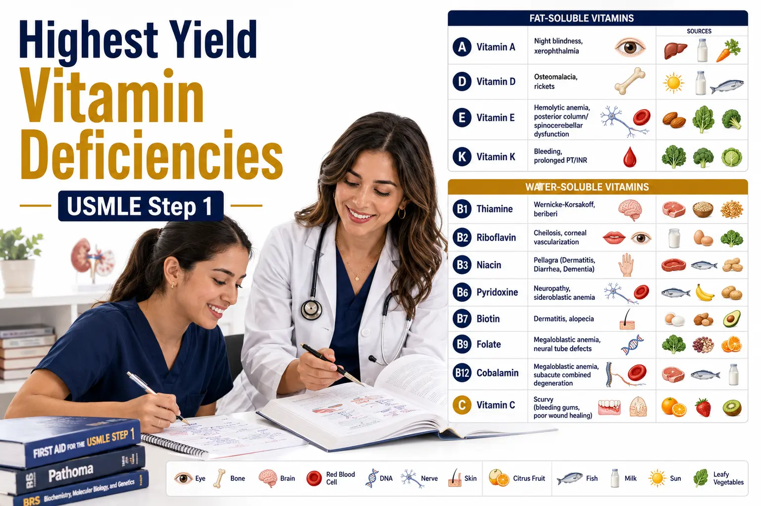 Highest Yield Vitamin Deficiencies for USMLE Step 1 showing major fat soluble and water soluble vitamin deficiency disorders with clinical associations.