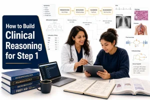 Female physician teaching a medical student clinical reasoning for USMLE Step 1.