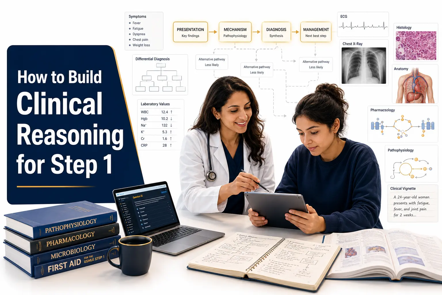 Female physician teaching a medical student clinical reasoning for USMLE Step 1.