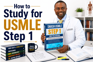 Medical student studying for USMLE Step 1 using UWorld, First Aid, and NBME practice exams.