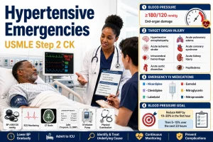 Hypertensive emergencies for Step 2 CK showing severe hypertension, end-organ damage, IV antihypertensive medications, and emergency blood pressure management.