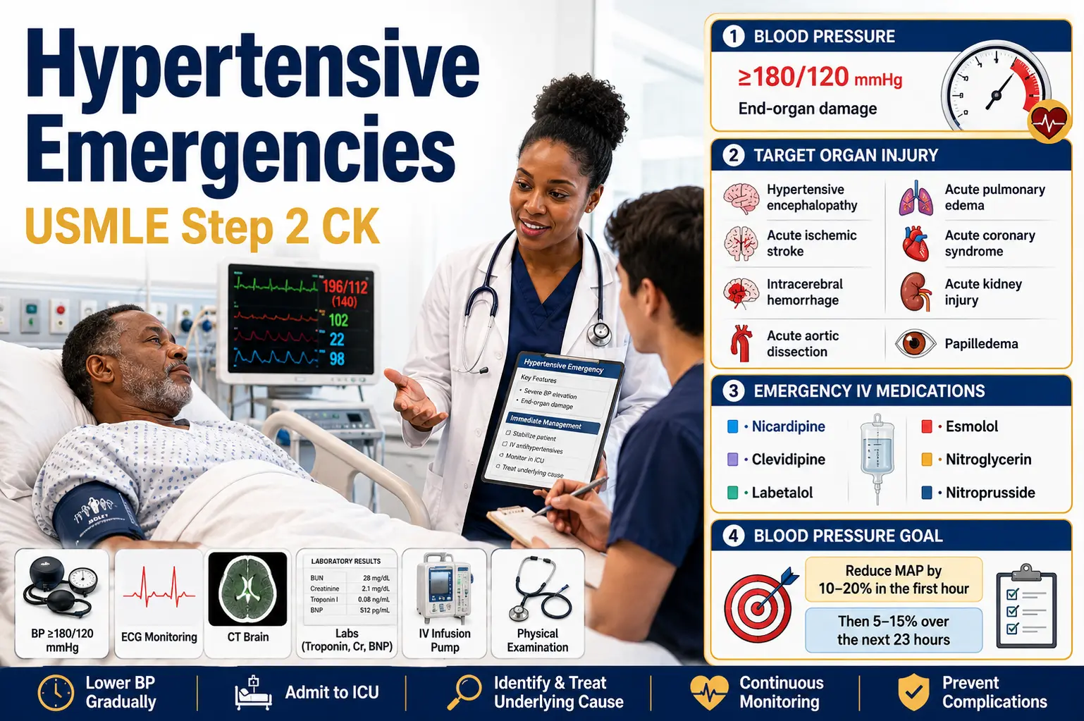 Hypertensive emergencies for Step 2 CK showing severe hypertension, end-organ damage, IV antihypertensive medications, and emergency blood pressure management.