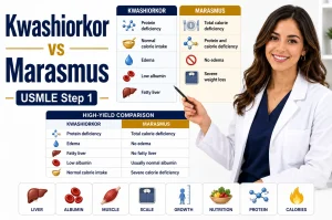 Kwashiorkor vs Marasmus Explained for USMLE Step 1 featuring a side-by-side comparison of protein-energy malnutrition, including edema, fatty liver, severe muscle wasting, and key clinical findings.