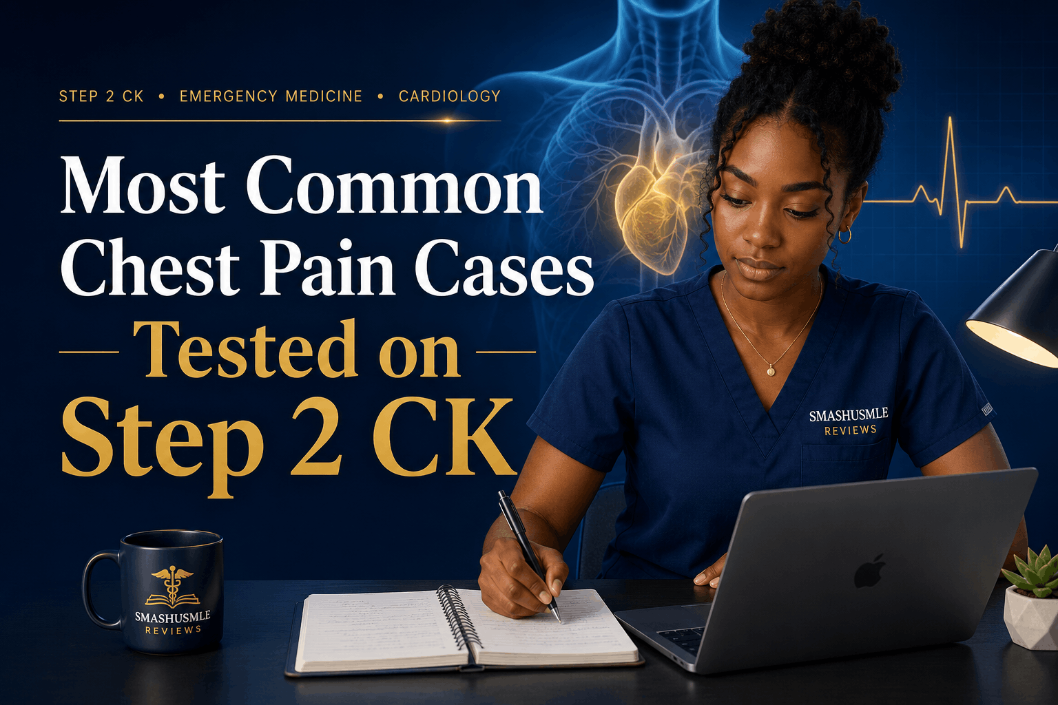 Most Common Chest Pain Cases Tested on Step 2 CK with ECG and cardiac anatomy overlay