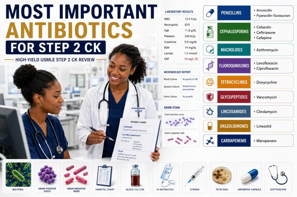 Most important antibiotics for Step 2 CK with antibiotic classes, spectrum of activity, and Internal Medicine physician teaching clinical antibiotic selection