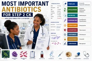 Most important antibiotics for Step 2 CK with antibiotic classes, spectrum of activity, and Internal Medicine physician teaching clinical antibiotic selection