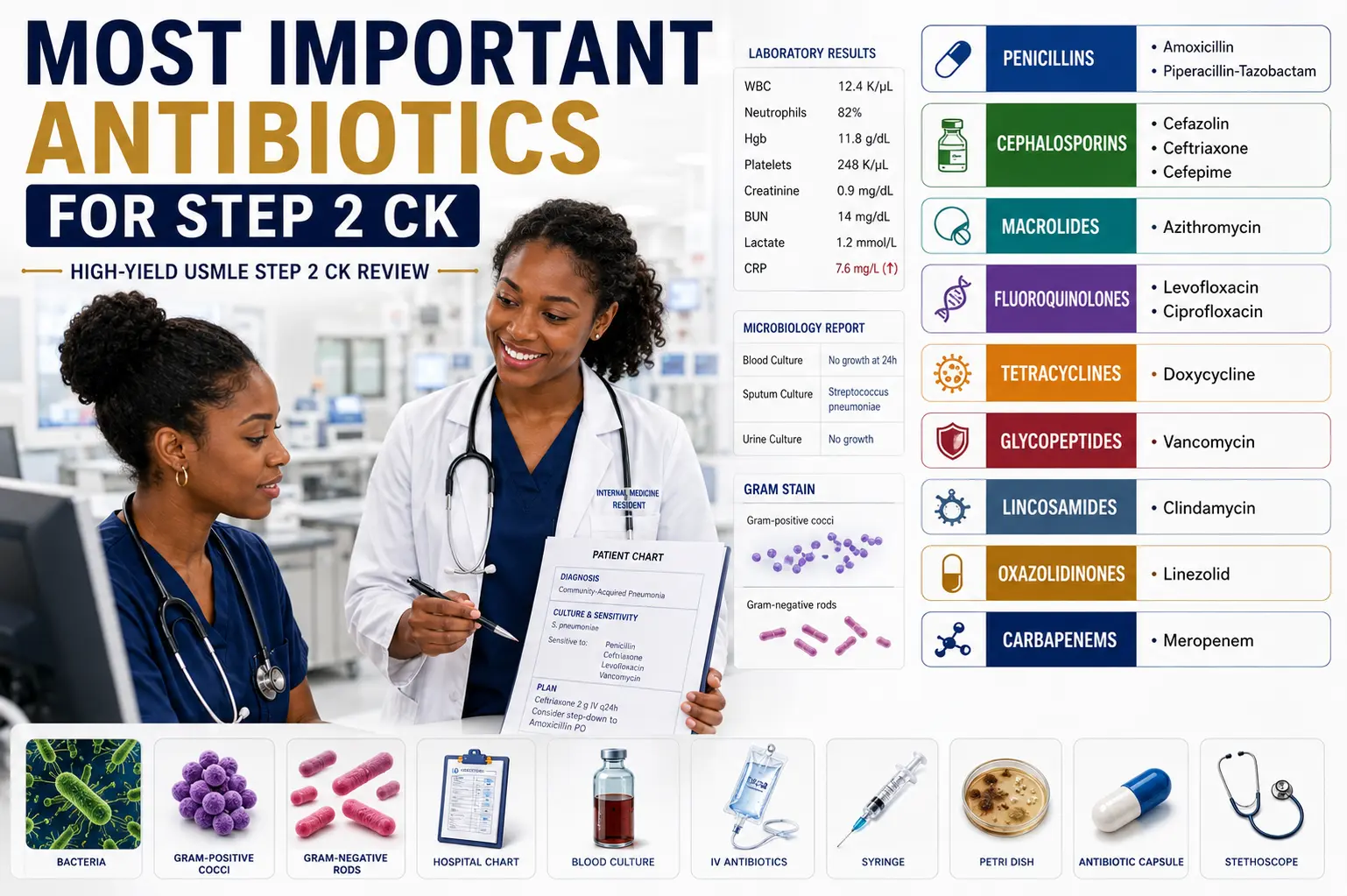 Most important antibiotics for Step 2 CK with antibiotic classes, spectrum of activity, and Internal Medicine physician teaching clinical antibiotic selection