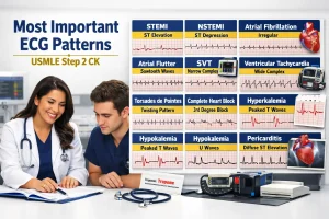 Most important ECG patterns for Step 2 CK with physician teaching high-yield EKG findings, STEMI, arrhythmias, heart block, and electrolyte changes