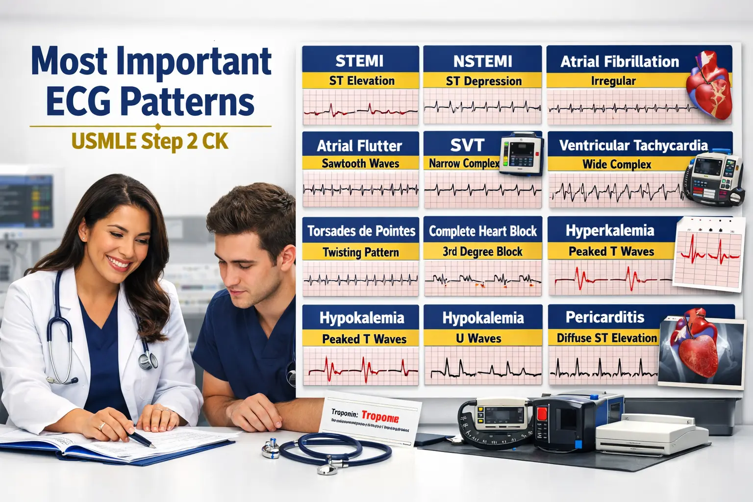 Most important ECG patterns for Step 2 CK with physician teaching high-yield EKG findings, STEMI, arrhythmias, heart block, and electrolyte changes
