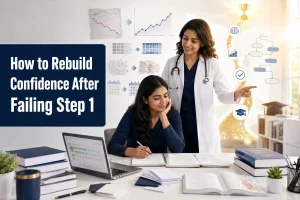 Medical student rebuilding confidence after failing USMLE Step 1 with guidance from a physician mentor and a structured study plan leading toward successful exam preparation.