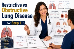 Restrictive vs obstructive lung disease Step 1 diagram with physician teaching spirometry and FEV1 FVC concepts