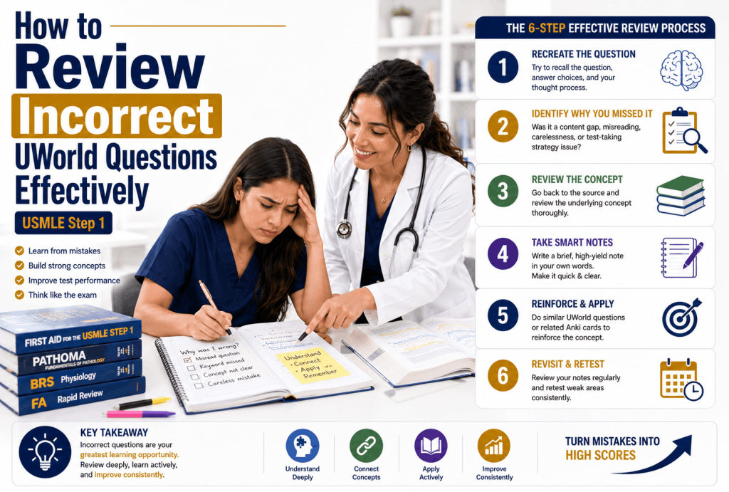 How to review incorrect UWorld questions effectively for USMLE Step 1