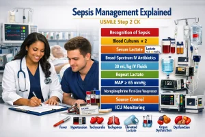 Sepsis management for Step 2 CK with physician teaching lactate, blood cultures, IV antibiotics, fluids, vasopressors, and septic shock treatment