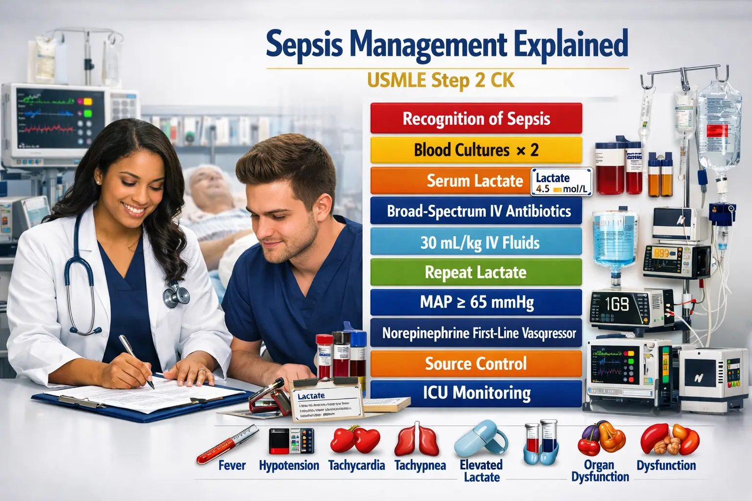 Sepsis management for Step 2 CK with physician teaching lactate, blood cultures, IV antibiotics, fluids, vasopressors, and septic shock treatment