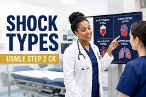 Shock Types You Must Know for Step 2 CK featured image showing an emergency physician teaching shock patterns in a modern emergency department.