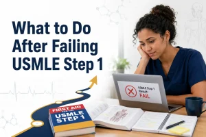 Medical student planning a comeback after failing the USMLE Step 1 exam with study materials and laptop.