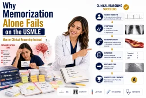 Female physician teaching a medical student why clinical reasoning is more effective than memorization for USMLE success.