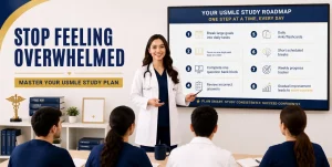 Physician educator teaching medical students how to reduce USMLE study overwhelm using a structured study plan with daily goals, question bank practice, flashcards, and progress tracking.