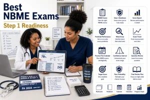 Physician mentor teaching a medical student how to use NBME exams, score trends, and readiness indicators to predict Step 1 readiness.