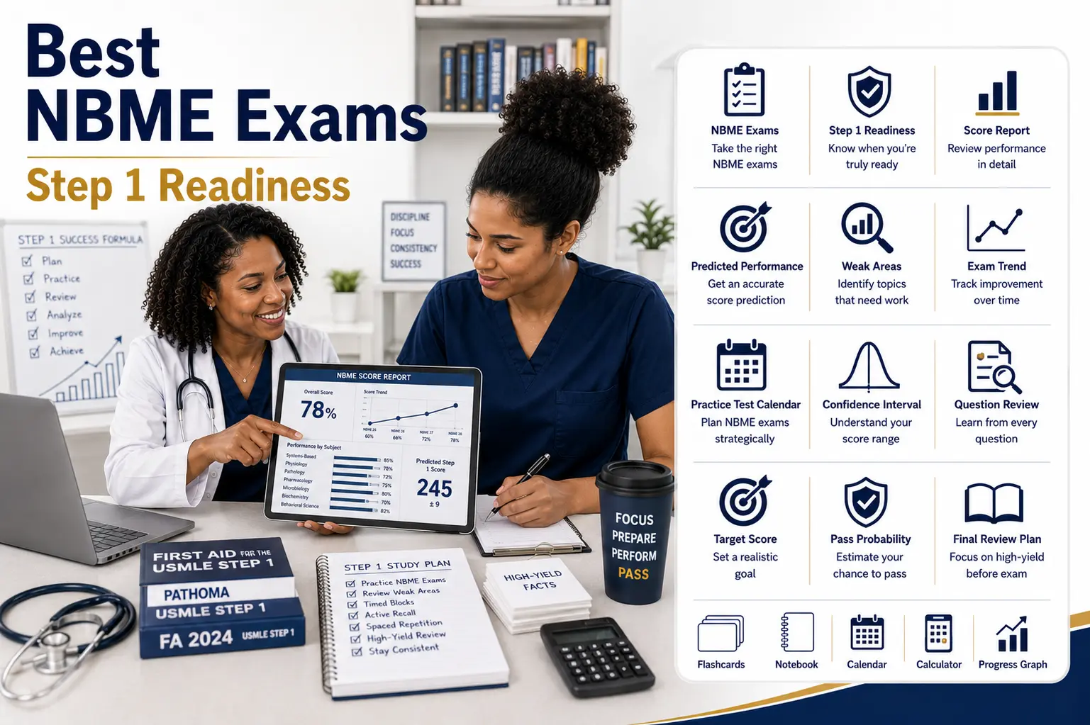 Physician mentor teaching a medical student how to use NBME exams, score trends, and readiness indicators to predict Step 1 readiness.