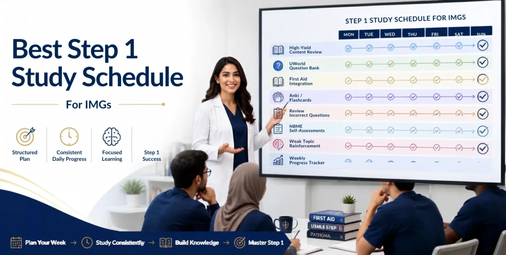 Female physician educator teaching international medical graduates a structured Step 1 study schedule with high-yield review, UWorld practice, First Aid integration, flashcards, NBME assessments, and progress tracking.