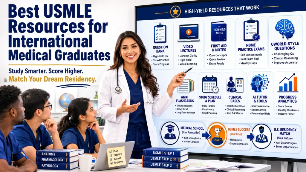 Female physician teaching international medical graduates about the best study resources for USMLE preparation and residency success.