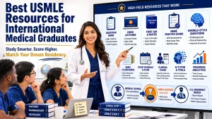 Female physician teaching international medical graduates about the best study resources for USMLE preparation and residency success.