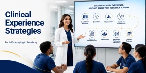 Female physician educator mentoring international medical graduates on clinical experience strategies, including U.S. rotations, observerships, externships, letters of recommendation, and residency preparation.