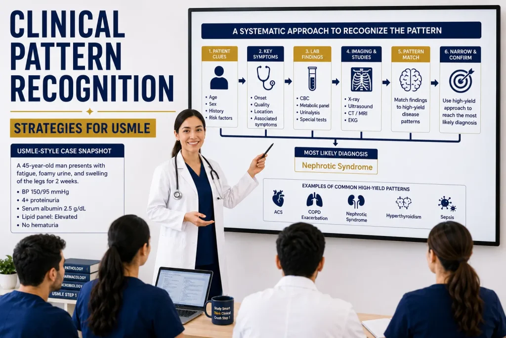 Clinical Pattern Recognition Strategies for USMLE showing a physician teaching students how to identify clinical clues, symptoms, labs, and diagnosis patterns.