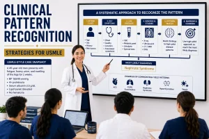 Clinical Pattern Recognition Strategies for USMLE showing a physician teaching students how to identify clinical clues, symptoms, labs, and diagnosis patterns.