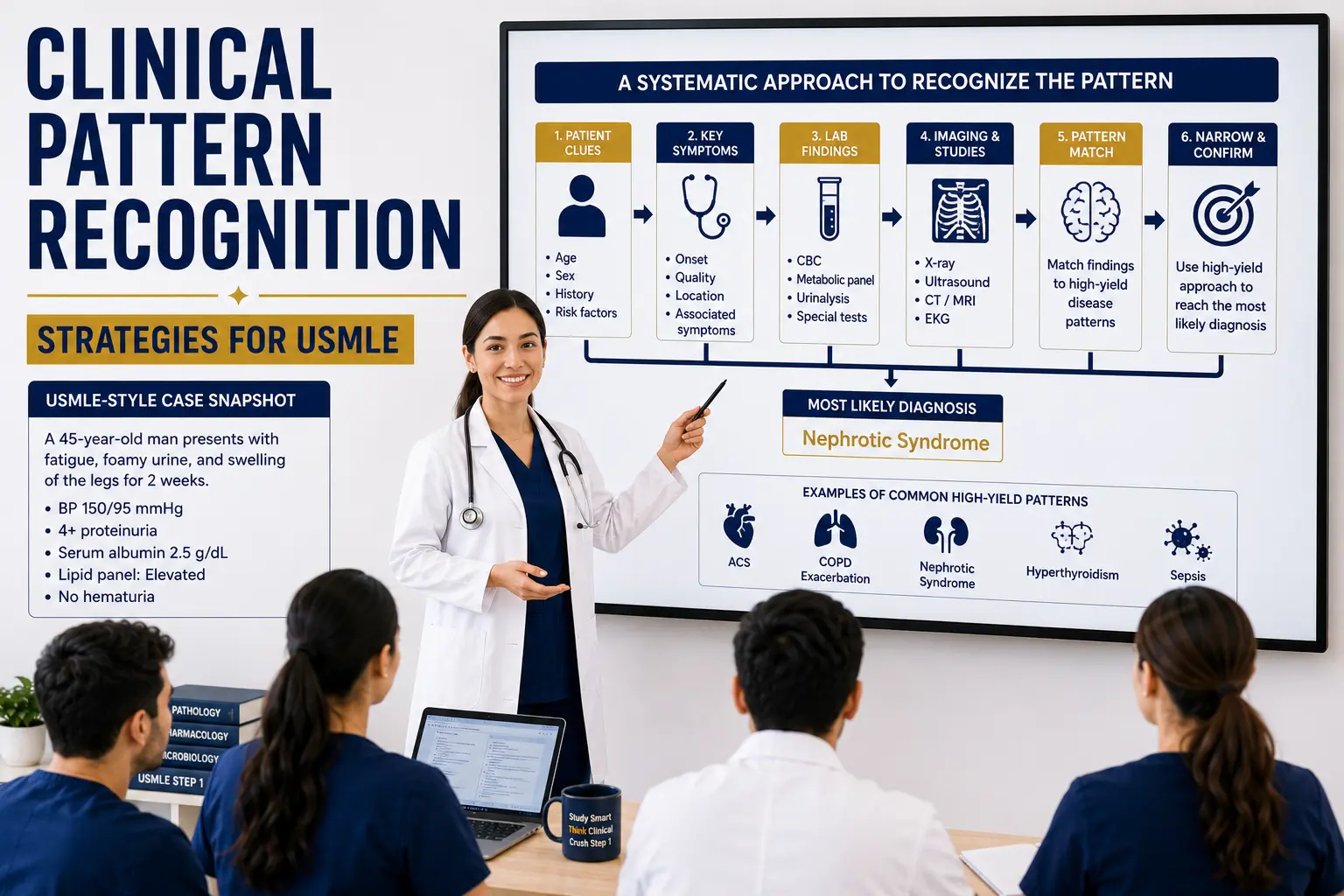 Clinical Pattern Recognition Strategies for USMLE showing a physician teaching students how to identify clinical clues, symptoms, labs, and diagnosis patterns.
