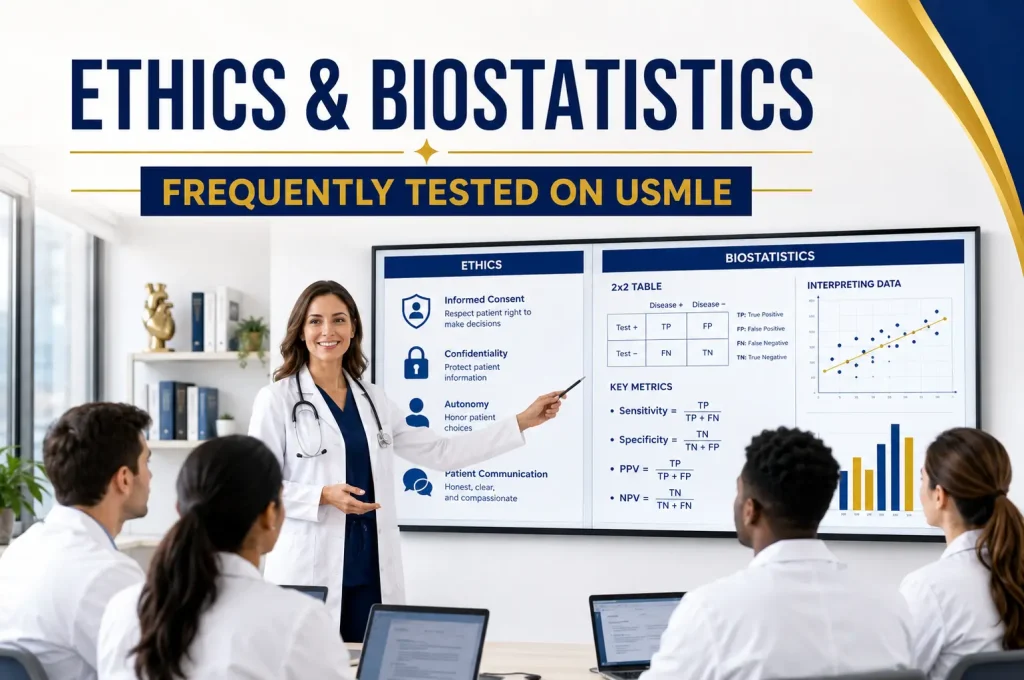 Ethics and Biostatistics Questions Frequently Tested on USMLE with physician teaching consent, confidentiality, sensitivity, specificity, PPV, and NPV.