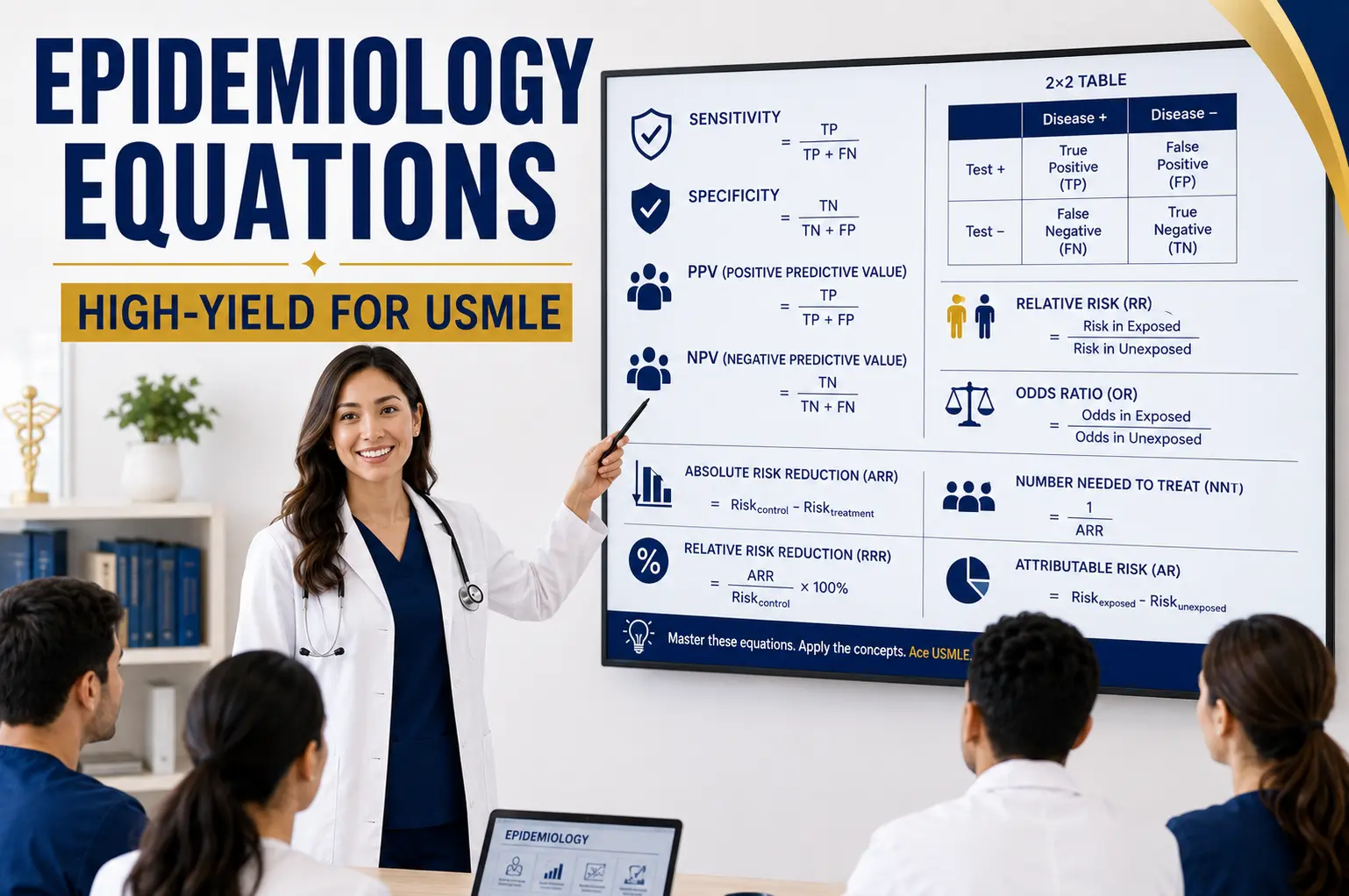 High-Yield Epidemiology Equations for USMLE showing a physician teaching sensitivity, specificity, PPV, NPV, relative risk, odds ratio, and other essential epidemiology formulas.