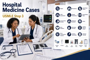High-Yield Hospital Medicine Cases for USMLE Step 3 featuring a physician mentor teaching a resident in a modern inpatient hospital with acute care icons.