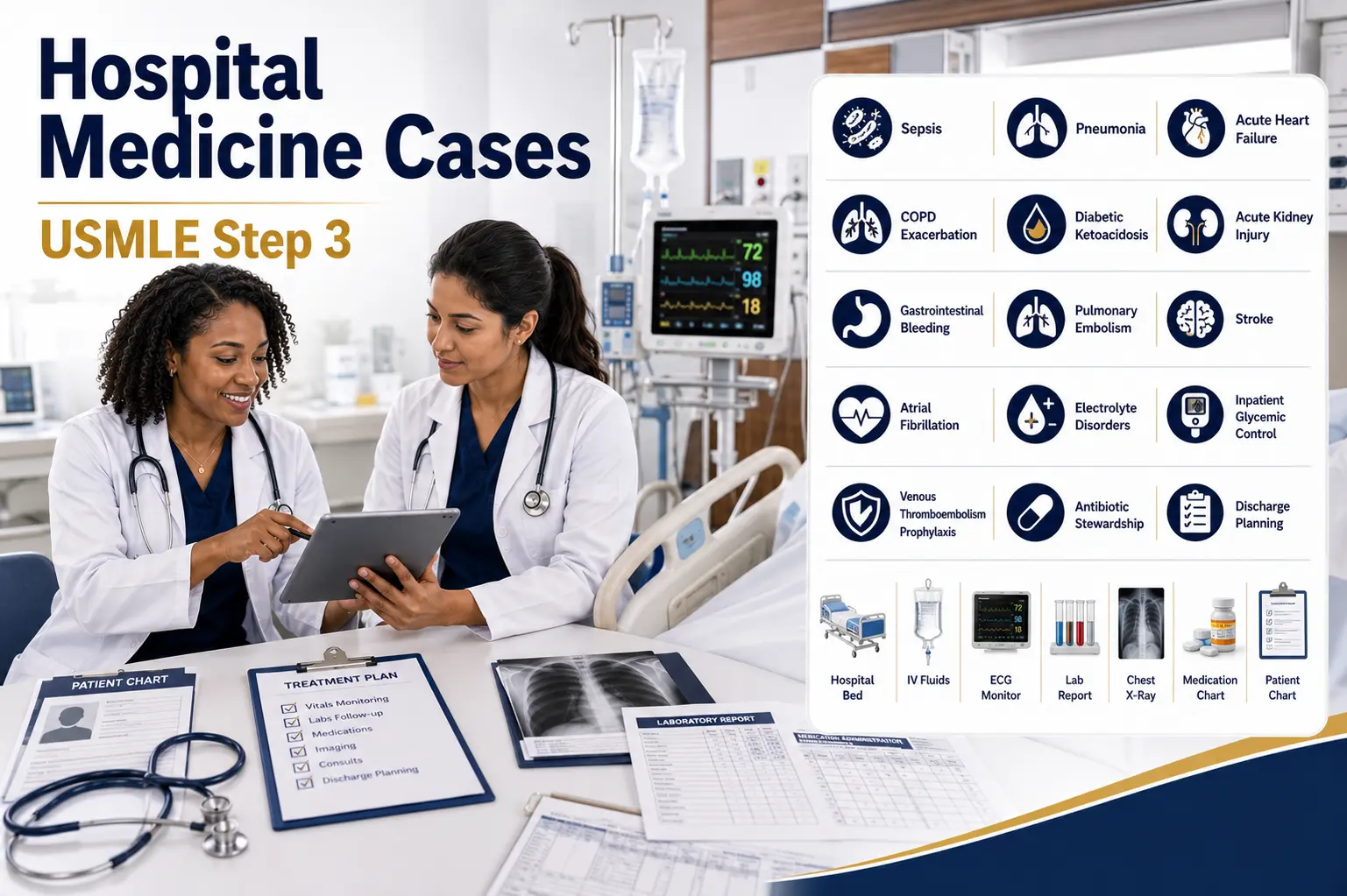 High-Yield Hospital Medicine Cases for USMLE Step 3 featuring a physician mentor teaching a resident in a modern inpatient hospital with acute care icons.