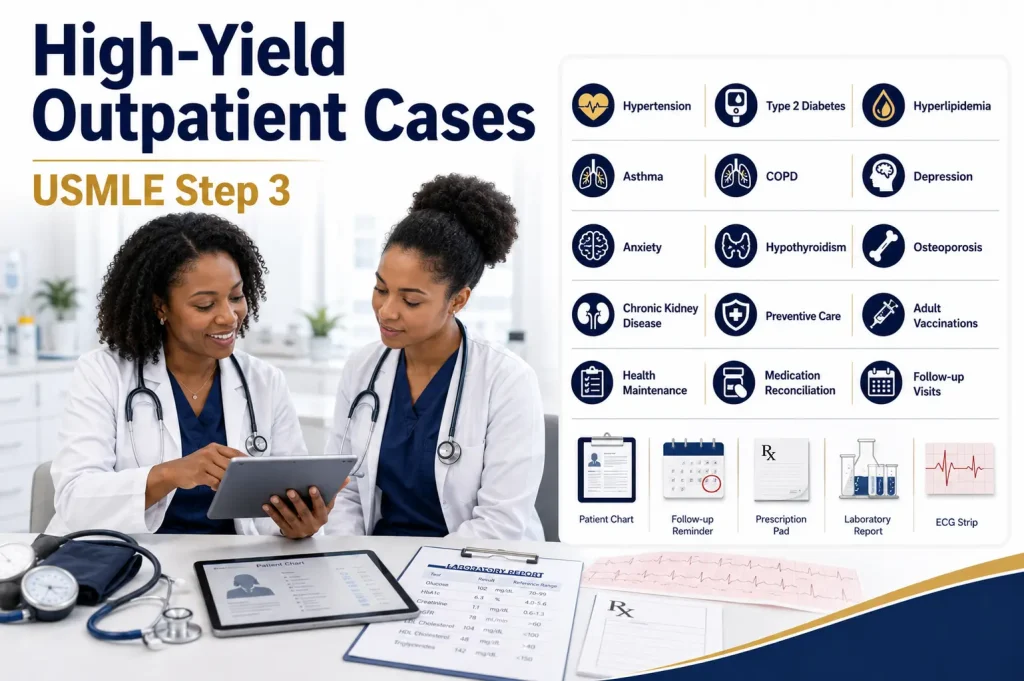 High-Yield Outpatient Cases for USMLE Step 3 featuring a physician teaching a resident in a primary care clinic with outpatient management icons.