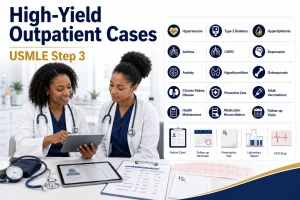 High-Yield Outpatient Cases for USMLE Step 3 featuring a physician teaching a resident in a primary care clinic with outpatient management icons.