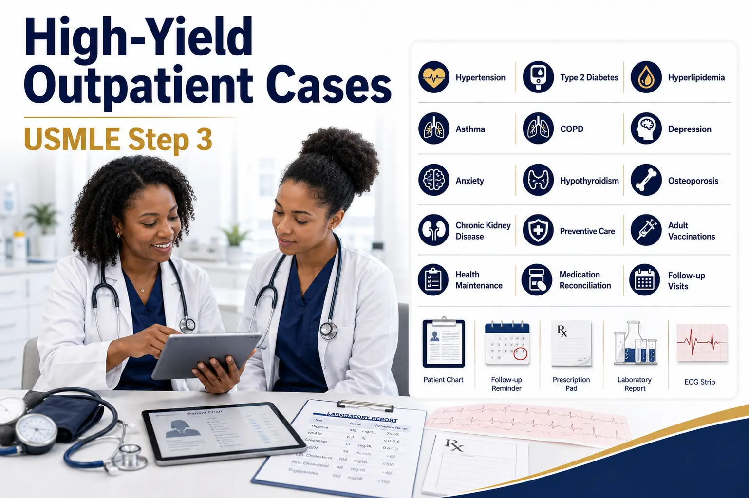 High-Yield Outpatient Cases for USMLE Step 3 featuring a physician teaching a resident in a primary care clinic with outpatient management icons.
